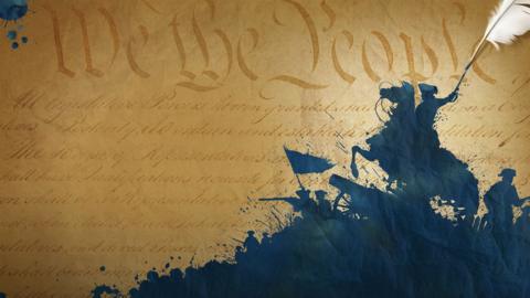 An old parchment background shows the words “We the People” in large script. In front, dark blue ink silhouettes depict a horse rider raising a sword, with other figures, a flag, and a cannon, showing a battle scene.