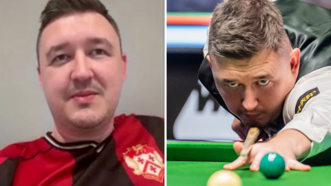 Split image of Kyren Wilson wearing a Kettering Town shirt and playing snooker