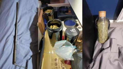 A friction lock baton and several containers filled with cannabis