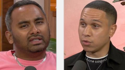 Amol Rajan's face next to face of Jordan Schwarzenberger