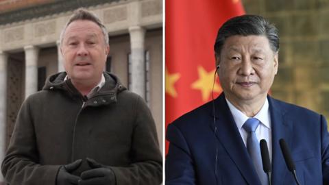 Split screen of BBC correspondent and Xi Jinping