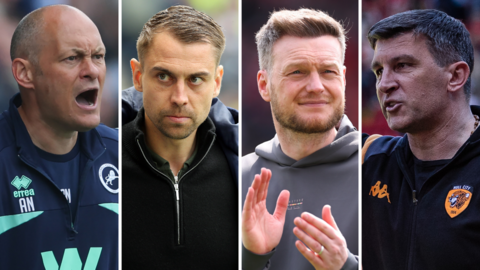 Alex Neil, wearing a navy blue Millwall jacket, with his mouth open shouting. Tonda Eckert, wearing a black jacket, looks straight-faced. Kim Hellberg, wearing a grey hoodie, claps his hands together. Sergej Jakirovic wearing a black Hull City tracksuit top.