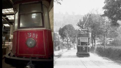 A side by side image of the tram being used and how it looks now. The image on the right is the tram going up Leckhampton Hill. It's got trees on either side and the number 21 blazoned on the it's front. The top deck has advertising boards saying 'drakes'
