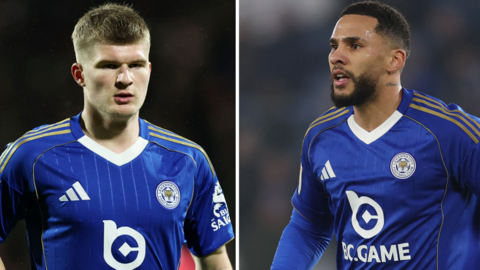 Side-by-side photos of Jordan James and Jamaal Lascelles wearing a Leicester City home shirt