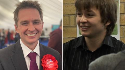 A split screen image of Mark Sewards. On the left-hand side is Sewards in the present day, with a Labour rosette on, smiling into the camera. 
On the right-hand side we see him in 2008, aged around 18 and wearing a black pinstriped shirt.