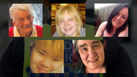 Small pictures of five women, one with grey hair and glasses, one with short blonde hair, one with shoulder length brown hair, one with short hair and a blonde fringe and one with grey/brown hair. 