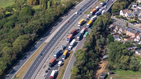 Aerial shot of stalled traffic on the A14 after an accident.