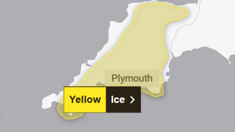 A graphic of yellow ice warnings for the south west. A patch of the map is highlighted with yellow and there is a block with the words 'yellow' and 'ice'.