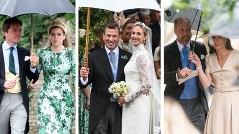 A composite image of Princess Beatrice, Edoardo Mozzi, Peter Phillips, Harriet Sperling, Prince William and Princess Catherine with umbrellas