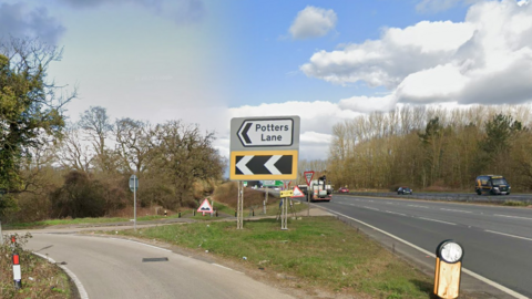 The junction of Potters Lane and the A3. A sign as pointing arrow says 'Potters Lane.' The A3 with cars can be seen in the background.