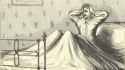 A pen drawing of a man with a moustache in a night shirt sat up in bed and holding his hands to his head