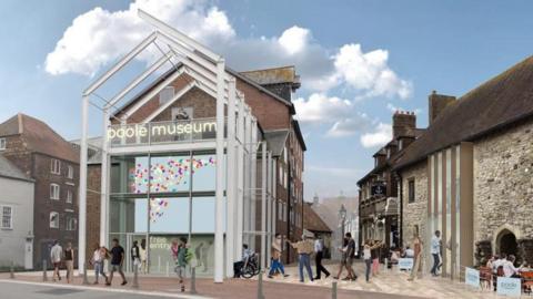 A computer generated image of how the new street entrance of Poole Museum will look. The glass and steel front is juxtaposed against the neighbouring historical buildings