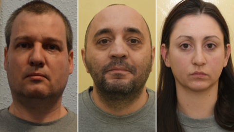 Police mugshots of (left to right) Orlin Roussev, Biser Dzhambazov and Katrin Ivanova. 