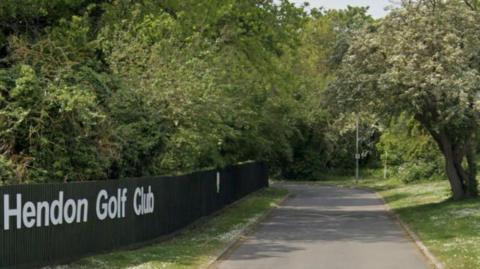 Google Maps image of tree-lined Hendon Golf Club entrance