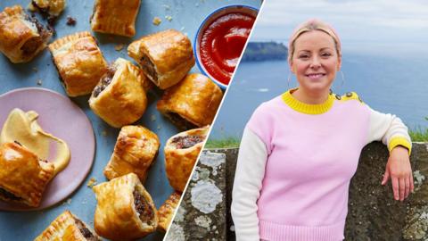 Anne Haugh and a plate of sausage roll bites.