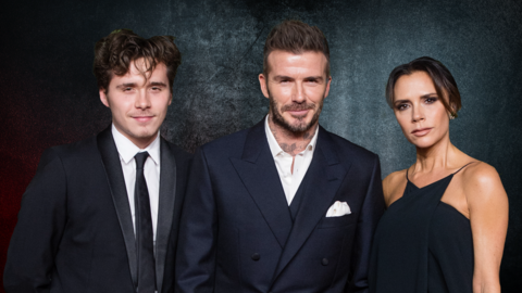 Brooklyn, David and Victoria Beckham. Dressed in black tie suit and dress