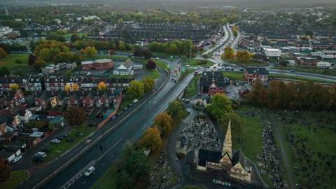 An aerial view of Doncaster showing roads and housing