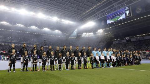 Juventus and Real Madrid players line up at Cardiff's Principality Stadium for the 2017 Champions League final