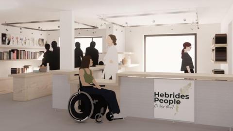 An AI-generated image of what the inside of the Hebrides people Visitor Centre will look like after refurbishments. It's a light and airy environment with room for wheelchairs.