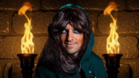 Greg James wearing Claudia Winkleman makeup