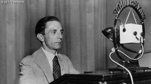  German Nazi politician and minister of propaganda, Joseph Goebbels making a radio broadcast.