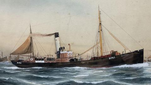 The painting shows the trawler Ellesmere, with number H767 painted in white on the side. It has two masts and is dark brown. The sea looks choppy