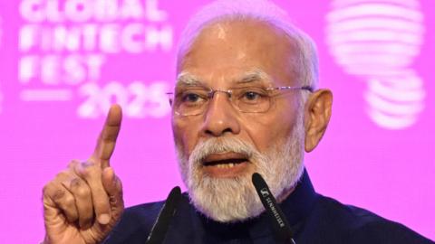 Indian Prime Minister Narendra Modi speaks at the Global Fintech Fest