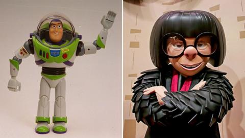 A split image of Buzz Lightyear and Edna Mode