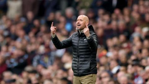 Manchester United manager Erik ten Hag reacts during their 0-0 draw with Aston Villa