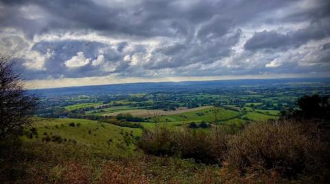 A sweeping view of green fields with trees interspersed among them as far as the eye can see under a grey, foreboding sky