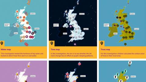 A series of UK maps, with markers across them. 