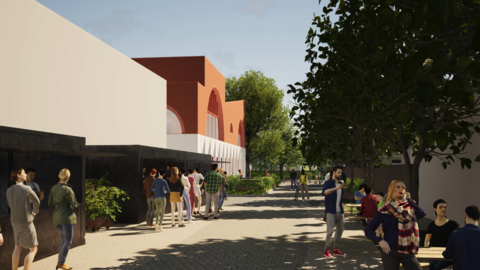 A computer generated image of how the pedestrian street will look with the brick and white community centre on the left which has a large arched window on the upper floor. The street is lined with trees with dozens of people walking through.