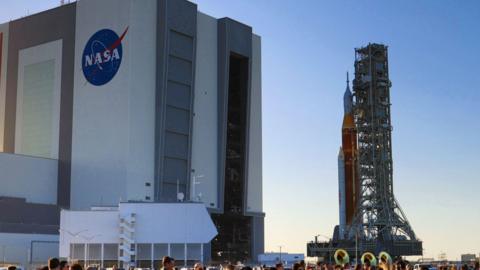 A space rocket on a transportation system 