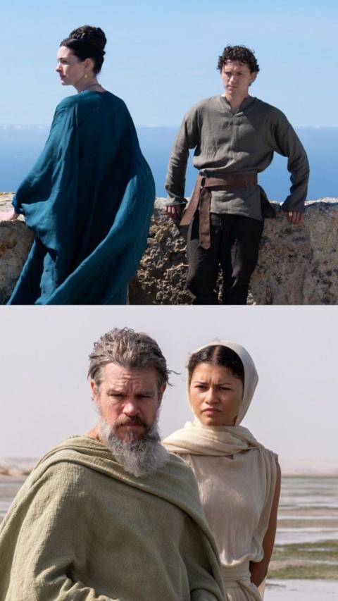 Four film stars standing in costume acting on the set of The Odssey