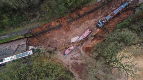 An aerial view of the breach of the Llangollen Canal at Whitchurch, showing a large brown-red scar in the ground where the bank and bed of the canal has washed away, with three boats left on the mud, one with a corrugated metal fence across it. Escaped water has flooded a neighbouring field.