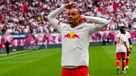 Xavi Simons celebrates scoring for RB Leipzig