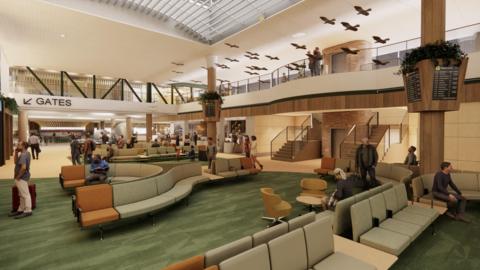 Concept photo of Jersey airport, it shows various airport lounge seating in pale stone and green colours. 