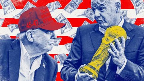 Art image based n photo of Donald Trump looking at Gianni Infantino holding the World Cup