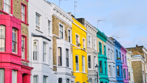 A row of colourful houses in Notting Hill, west London.