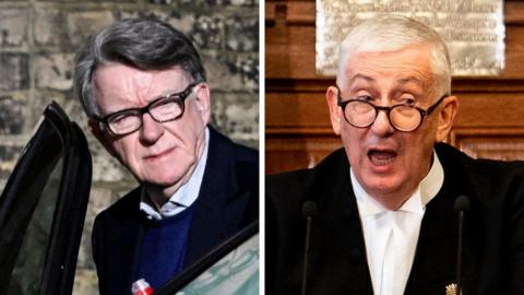 A composite image shows on the left Mandelson entering a car outside his home and on the right Speaker Hoyle speaking in the Commons