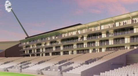 What the proposed hotel and stand at Edgbaston Stadium could look like. The hotel is behind the uncovered seating that is nearer to the pitch. 