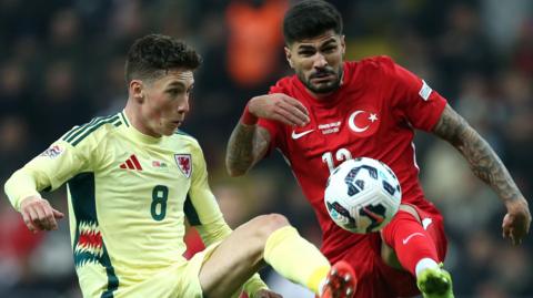 Harry Wilson of Wales (L) battles for possession with Eren Elmali of Turkey