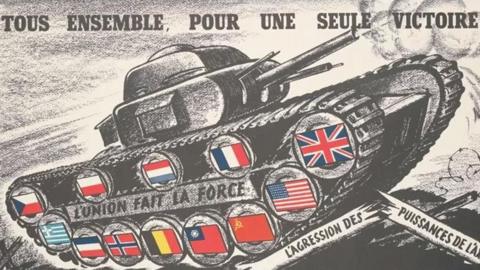 A French poster from WW2 with a picture of a tank with the allied flags on with the phrase "All Together, for a Single Victory"