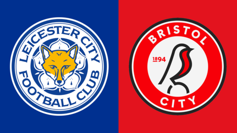 The Leicester City and Bristol City club badges side by side. The Leicester one depicts the face of a fox inside a white circle with Leicester City Football Club inscribed around it on a blue background. Bristol City have a Robin inside a red circle with the words Bristol City around it on a red background.