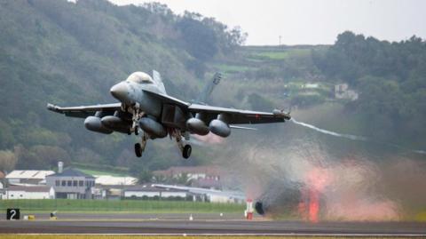 A military aircraft at the Lajes Air Base in Praia da Vitoria, Terceira Island, in the Azores archipelago.