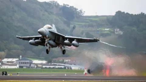 A military aircraft at the Lajes Air Base in Praia da Vitoria, Terceira Island, in the Azores archipelago.