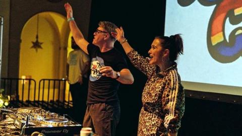 Vicky McClure and Jonny Owen on the DJ decks in the club