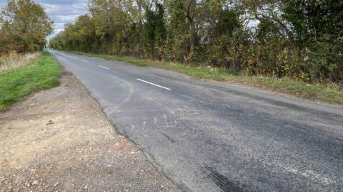 A straight tarmac road with lots of trees and bushes. 