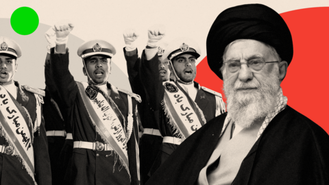 A treated image showing Iran's Supreme Leader Ali Khamenei and Iranian Army band members
