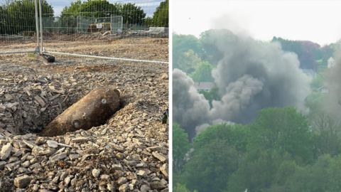 A side by side image shows the un-exploded bomb to the right. On the left, smoke rises above trees after it was detonated.